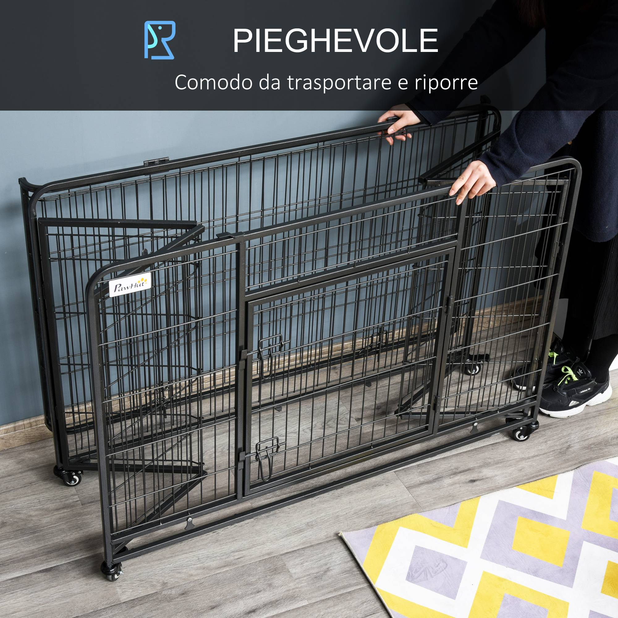 Niche pliable pour chien avec double porte et serrure, parc à jeux pour chien avec 4 roues avec freins et fond amovible, 125 x 76 x 81 cm, gris foncé - Image 6