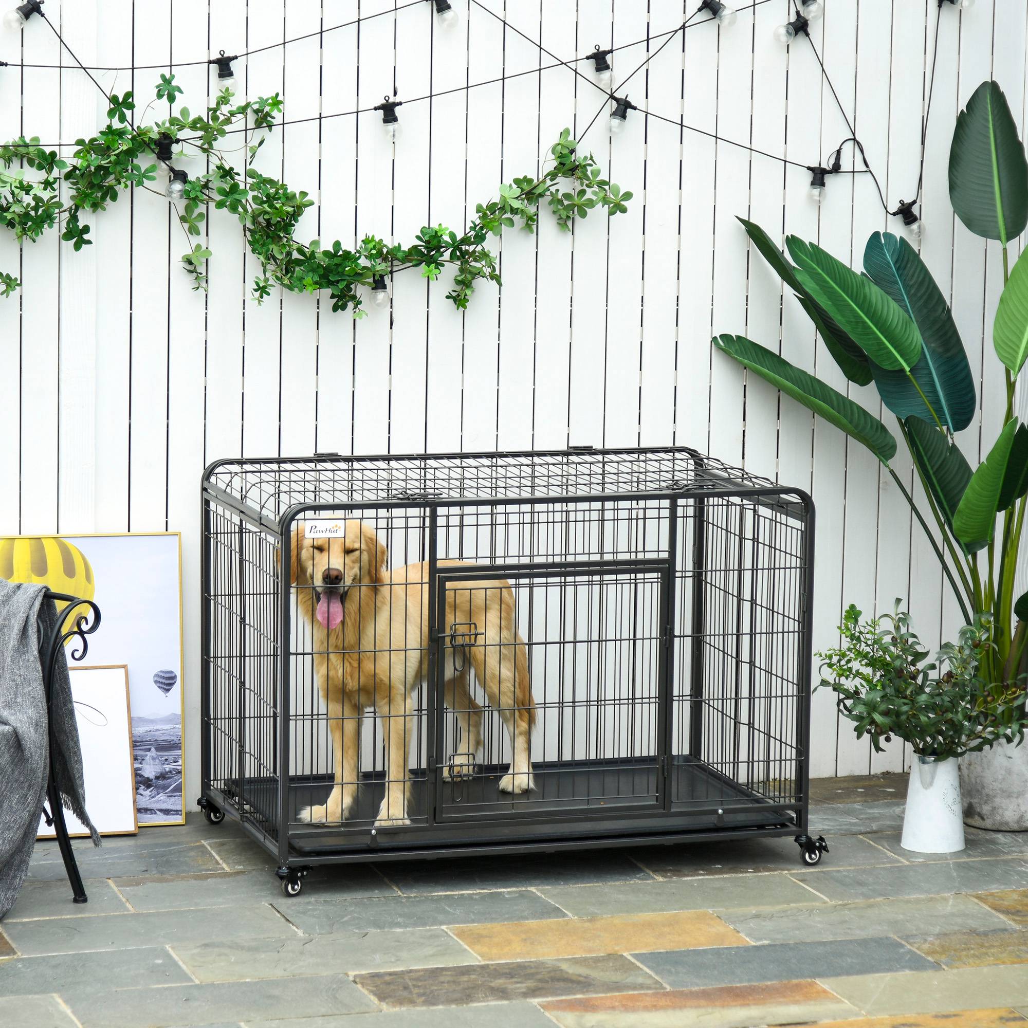 Niche pliable pour chien avec double porte et serrure, parc à jeux pour chien avec 4 roues avec freins et fond amovible, 125 x 76 x 81 cm, gris foncé - Image 3