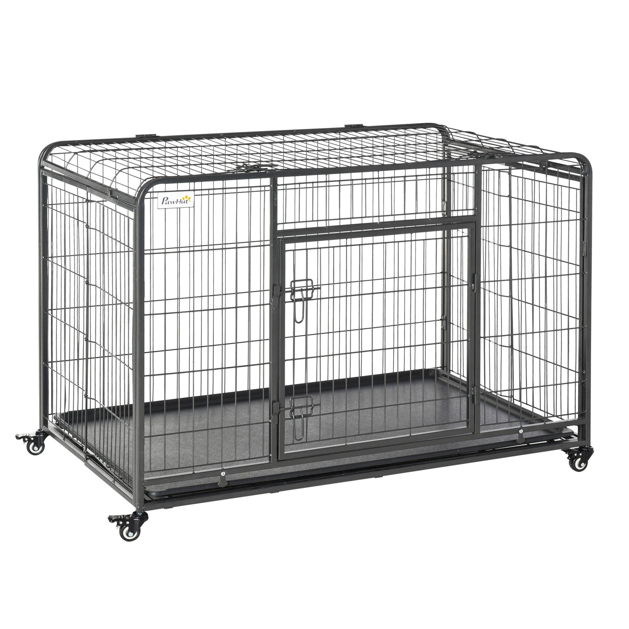 Niche pliable pour chien avec double porte et serrure, parc à jeux pour chien avec 4 roues avec freins et fond amovible, 125 x 76 x 81 cm, gris foncé - Image 2