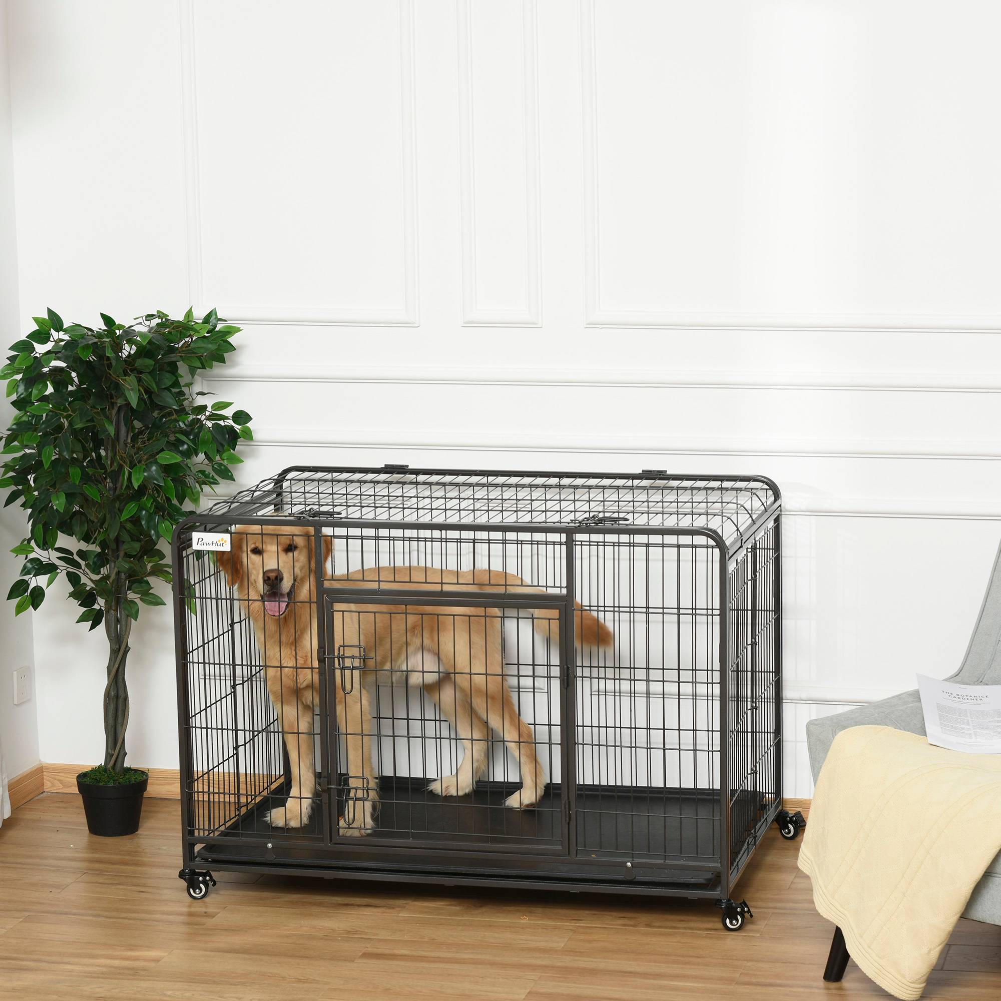 Niche pliable pour chien avec double porte et serrure, parc à jeux pour chien avec 4 roues avec freins et fond amovible, 125 x 76 x 81 cm, gris foncé - Image 4