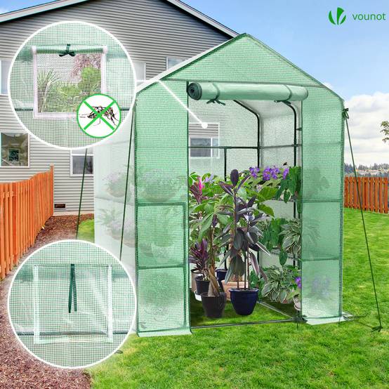 Vounot - Serre de jardin avec étagères 143x143x195cm vert - Bâche PE renforcée 135g/m² - Fenêtre moustiquaire, porte enroulable zippée - Image 2
