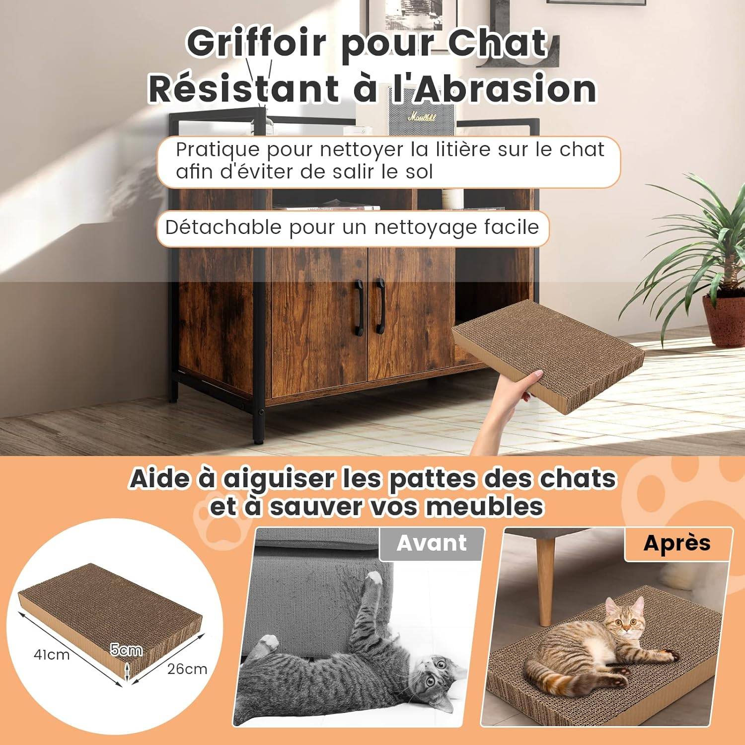 Meuble Litiere Chat Griffoir Amovible Industriel, 89x45x74,5cm Café - Image 4