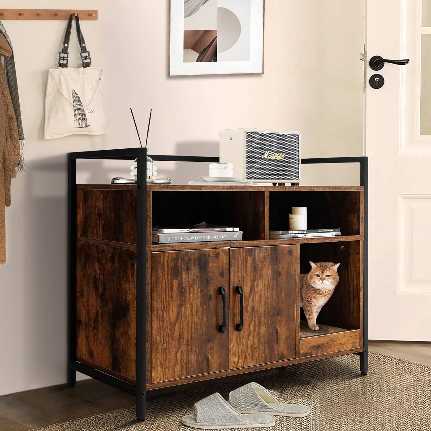 Meuble Litiere Chat Griffoir Amovible Industriel, 89x45x74,5cm Café - Image 9