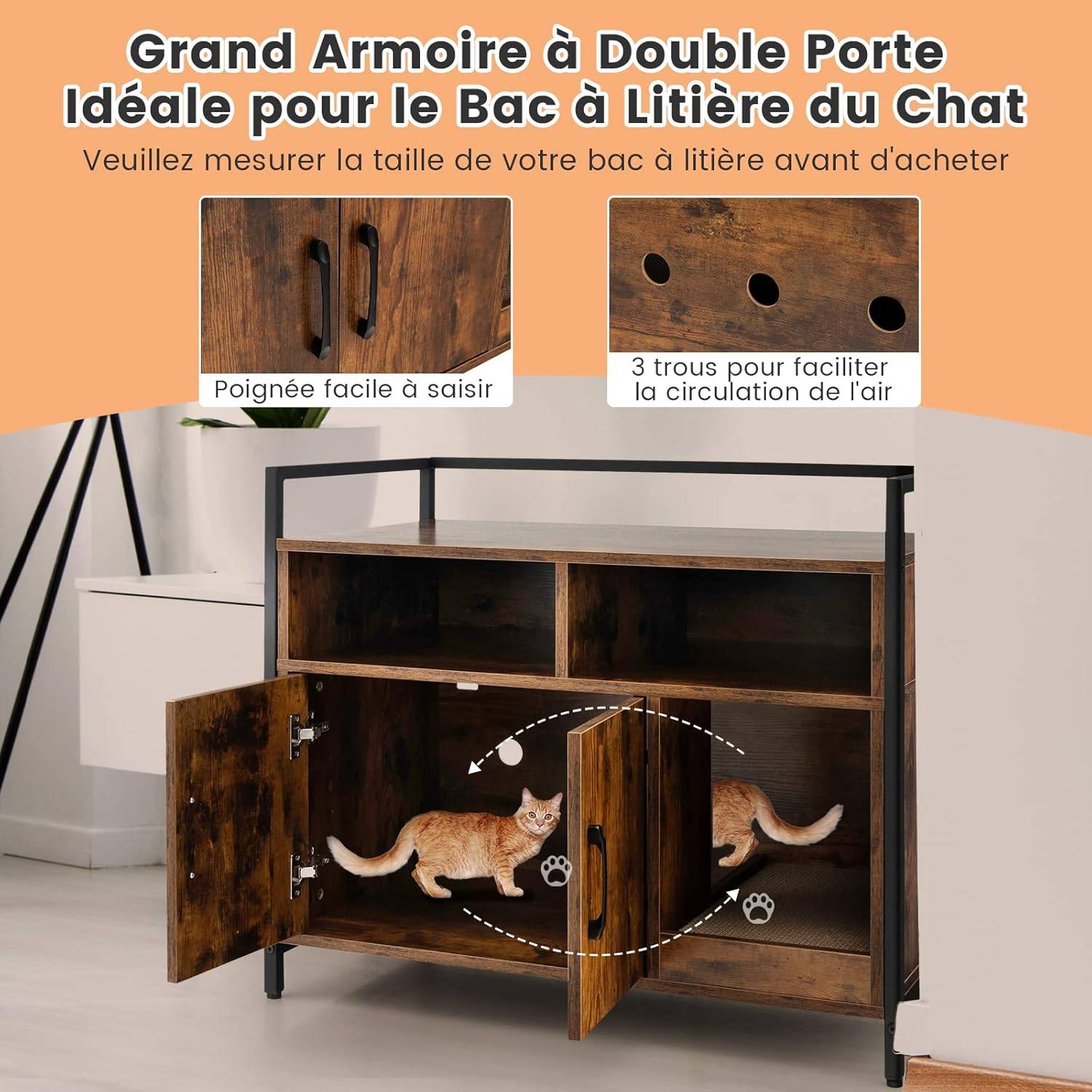 Meuble Litiere Chat Griffoir Amovible Industriel, 89x45x74,5cm Café - Image 7