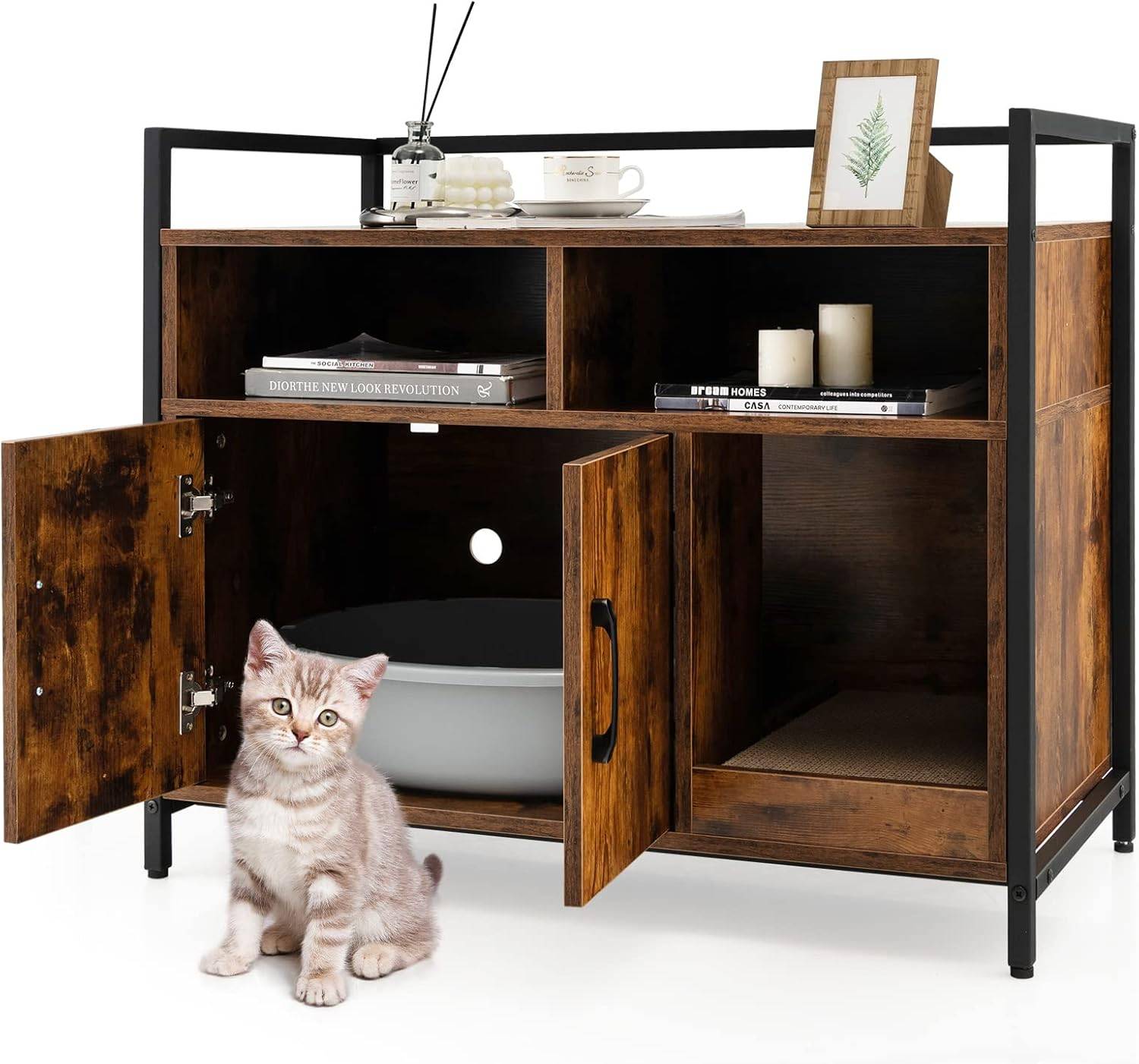Meuble Litiere Chat Griffoir Amovible Industriel, 89x45x74,5cm Café - Image 1