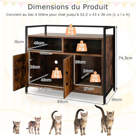 Meuble Litiere Chat Griffoir Amovible Industriel, 89x45x74,5cm Café - Image 3