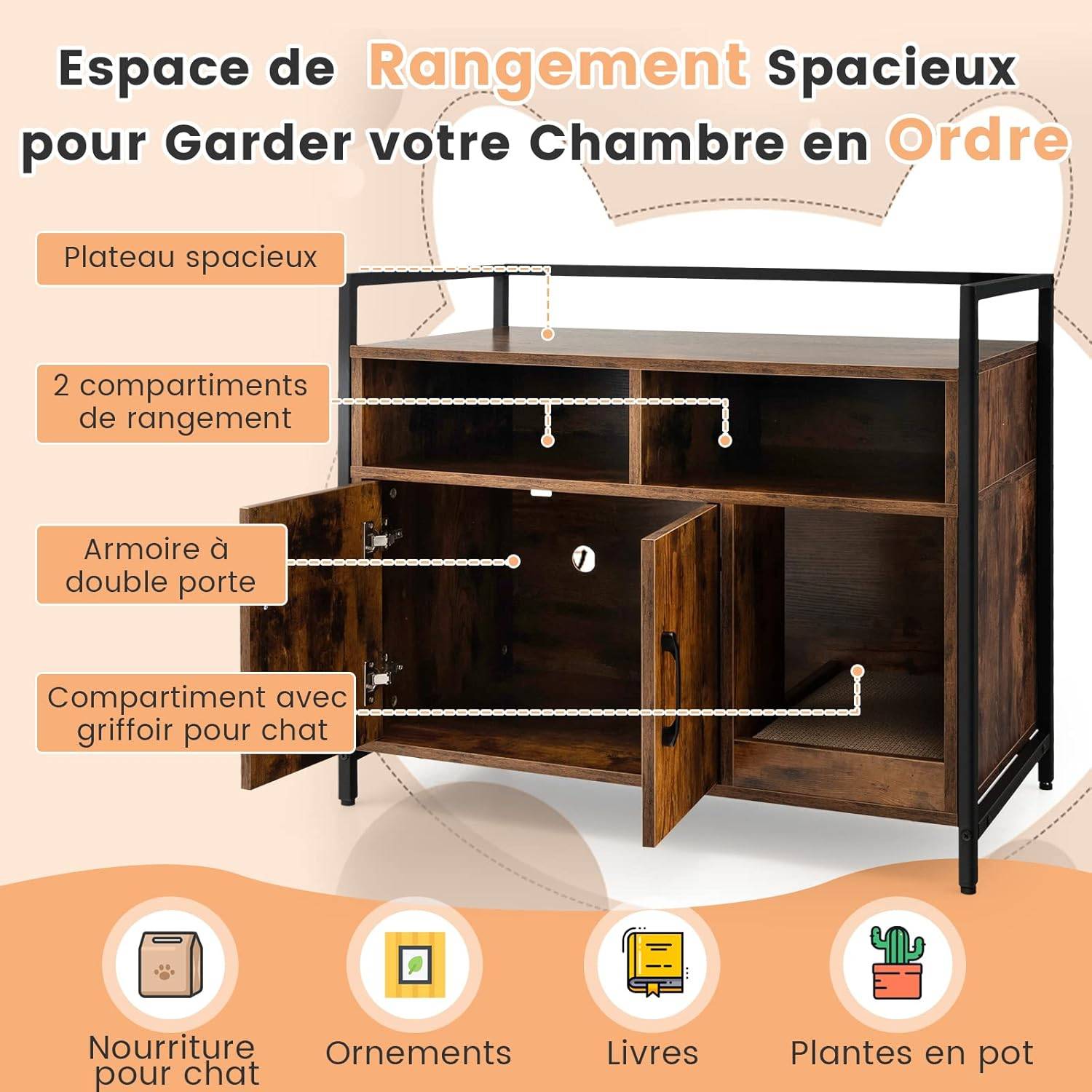 Meuble Litiere Chat Griffoir Amovible Industriel, 89x45x74,5cm Café - Image 6