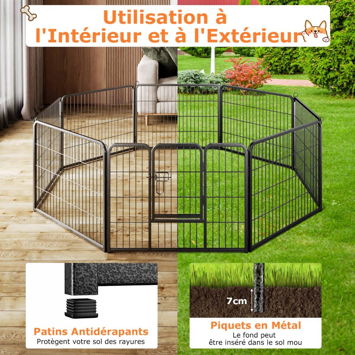 Enclos pour Chiens 8 Panneaux Hauteur de 60CM pour Chiot Animaux Parc Portable Pliable avec Porte Barrière Métallique Noir - Image 9