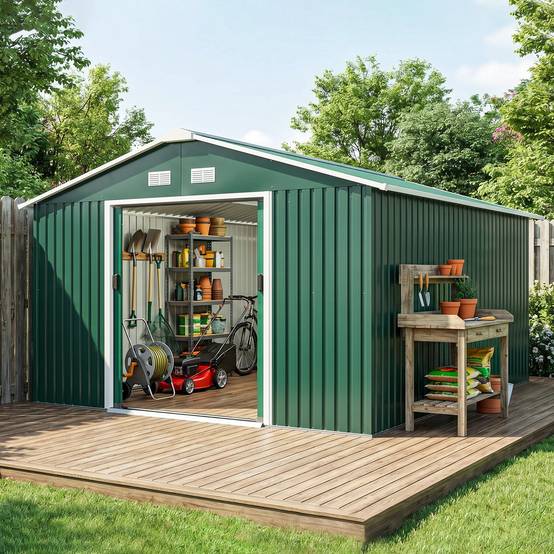 Sans Marque - Abri jardin étanche outils jardin fenêtres aération portes coulissantes acier vert foncé - Image 4