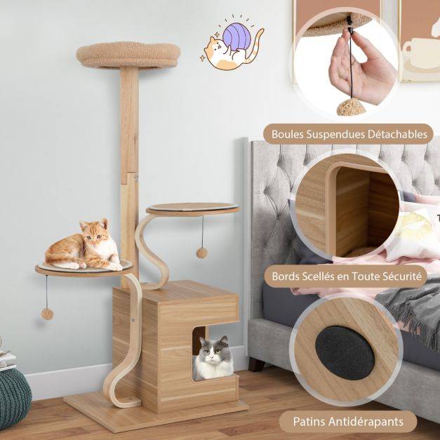 Helloshop26 - Arbre à chat en bois 129 cm condo perchoir supérieur plates-formes rondes pompons suspendus coussin amovible naturel - Image 3