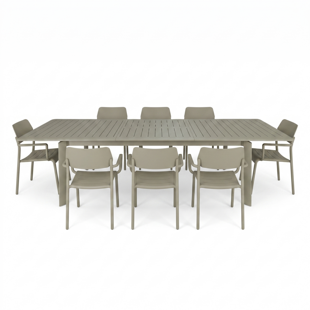 Wilsa Garden - Ensemble de jardin extensible 6/10p en aluminium Kaki clair 8 fauteuils et coussin Beige chiné HAVANA - Image 2