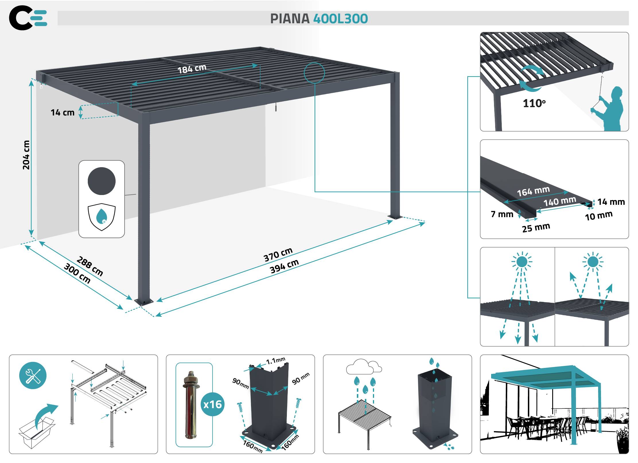 Pergola bioclimatique adossée 4x3 mPIANA aluminium gris avec 1 persienne brise-vue - Image 2