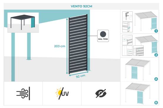 Pergola bioclimatique adossée 4x3 mPIANA aluminium gris avec 1 persienne brise-vue - Image 3