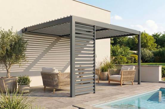 Pergola bioclimatique adossée 4x3 mPIANA aluminium gris avec 1 persienne brise-vue - Image 1