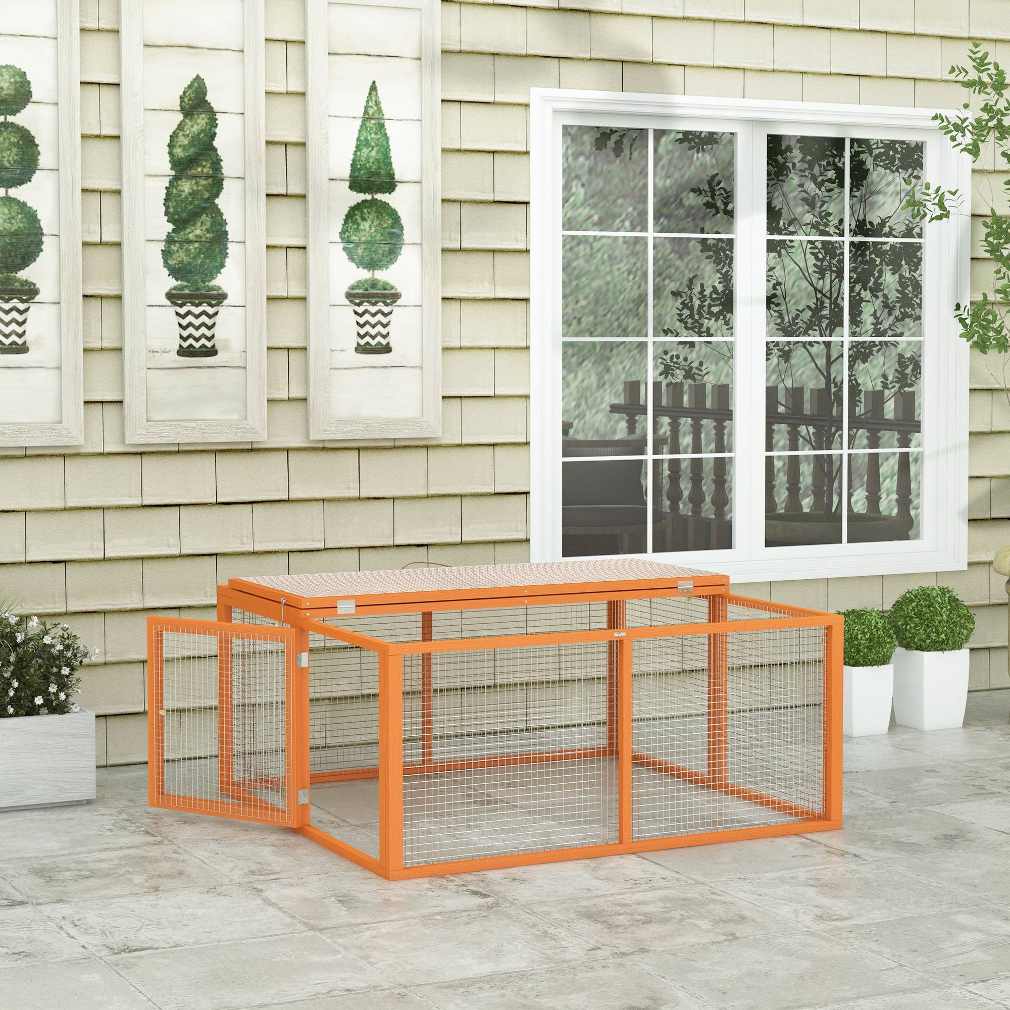 Clapier d'extérieur pliable pour 2 à 3 lapins, avec plusieurs entrées, en bois et acier, 110 x 105 x 50 cm, orange - Image 9