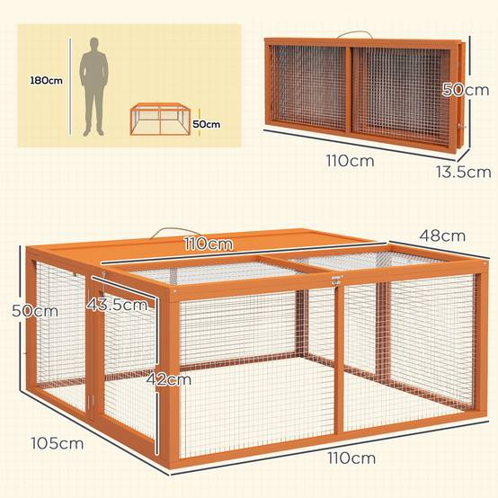 Clapier d'extérieur pliable pour 2 à 3 lapins, avec plusieurs entrées, en bois et acier, 110 x 105 x 50 cm, orange - Image 5