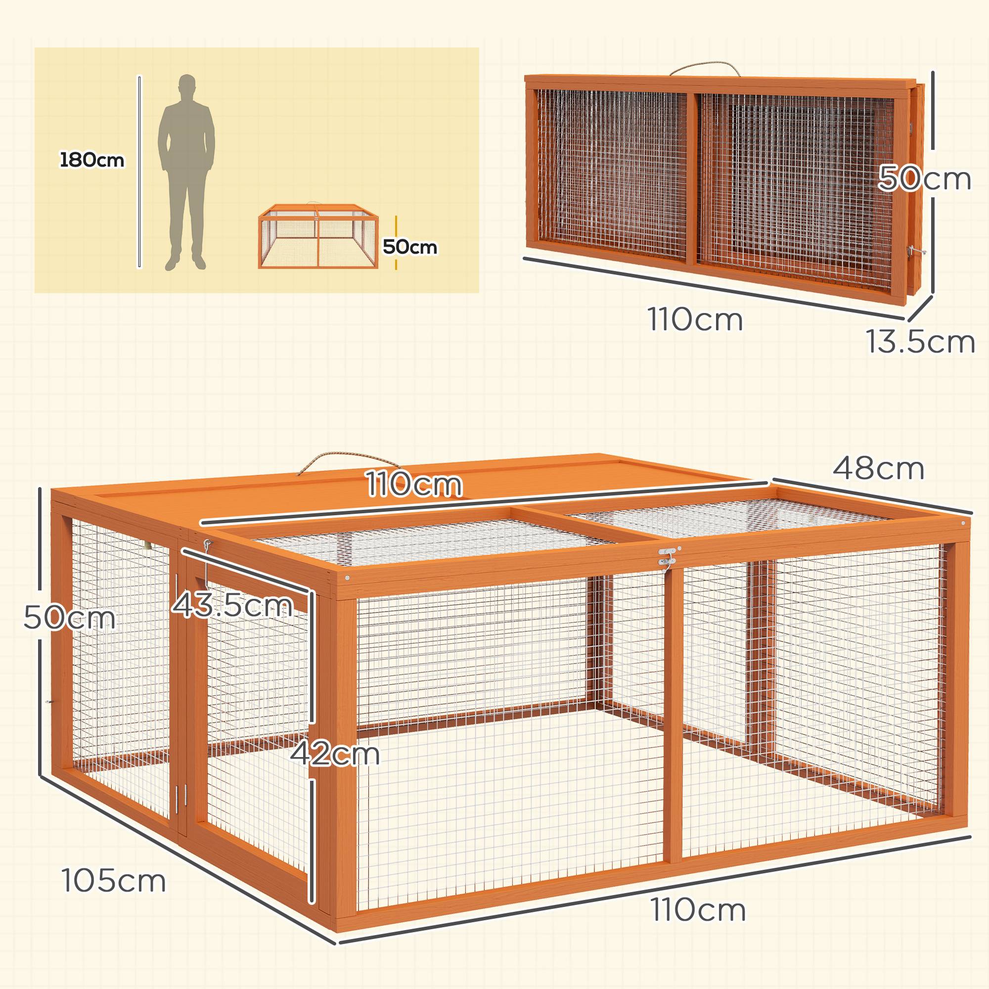 Clapier d'extérieur pliable pour 2 à 3 lapins, avec plusieurs entrées, en bois et acier, 110 x 105 x 50 cm, orange - Image 5