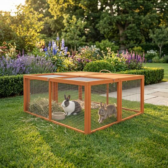 Clapier d'extérieur pliable pour 2 à 3 lapins, avec plusieurs entrées, en bois et acier, 110 x 105 x 50 cm, orange - Image 3