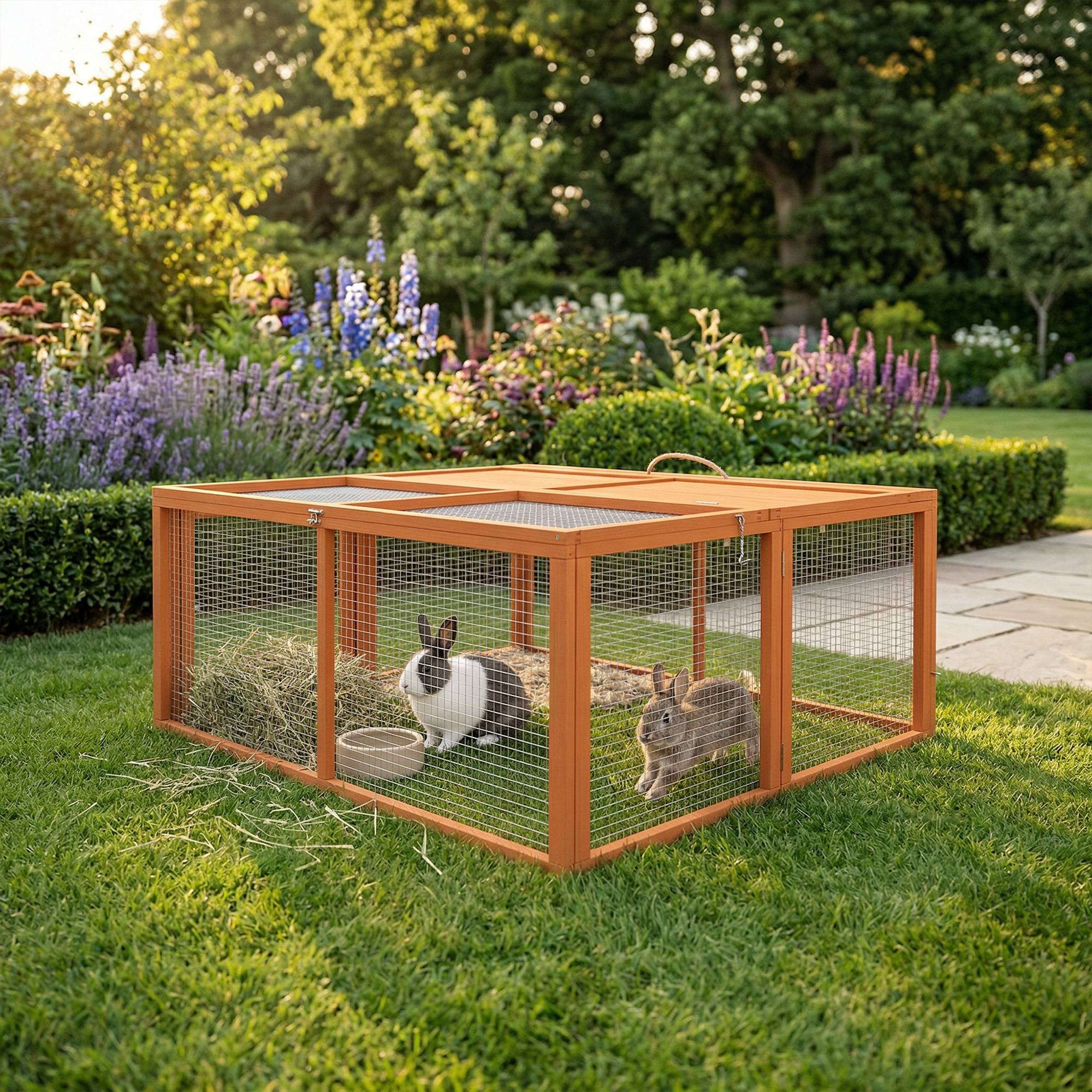 Clapier d'extérieur pliable pour 2 à 3 lapins, avec plusieurs entrées, en bois et acier, 110 x 105 x 50 cm, orange - Image 3