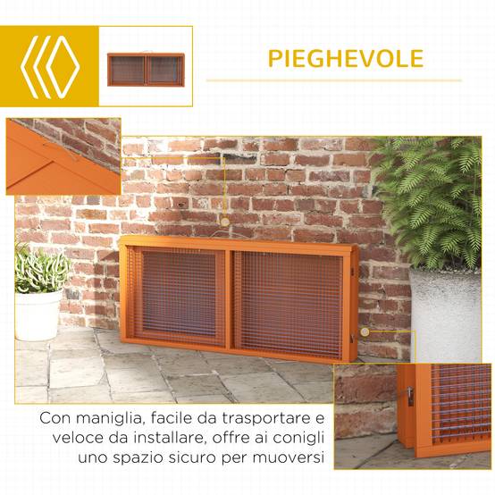 Clapier d'extérieur pliable pour 2 à 3 lapins, avec plusieurs entrées, en bois et acier, 110 x 105 x 50 cm, orange - Image 8