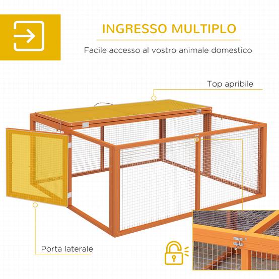 Clapier d'extérieur pliable pour 2 à 3 lapins, avec plusieurs entrées, en bois et acier, 110 x 105 x 50 cm, orange - Image 7