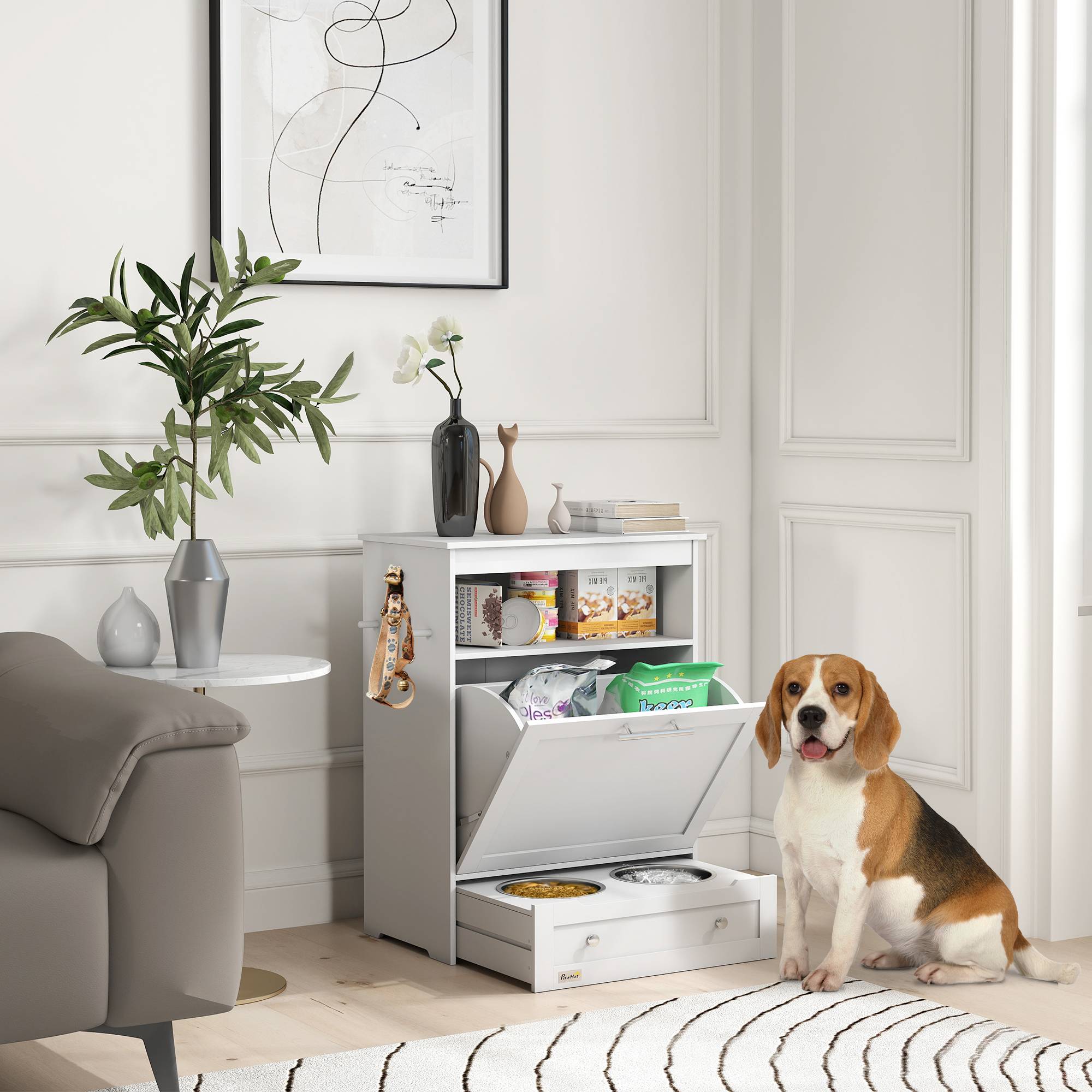 Sans Marque - Station alimentation animaux armoire rangement avec gamelles crochets laisses MDF blanc - Image 4