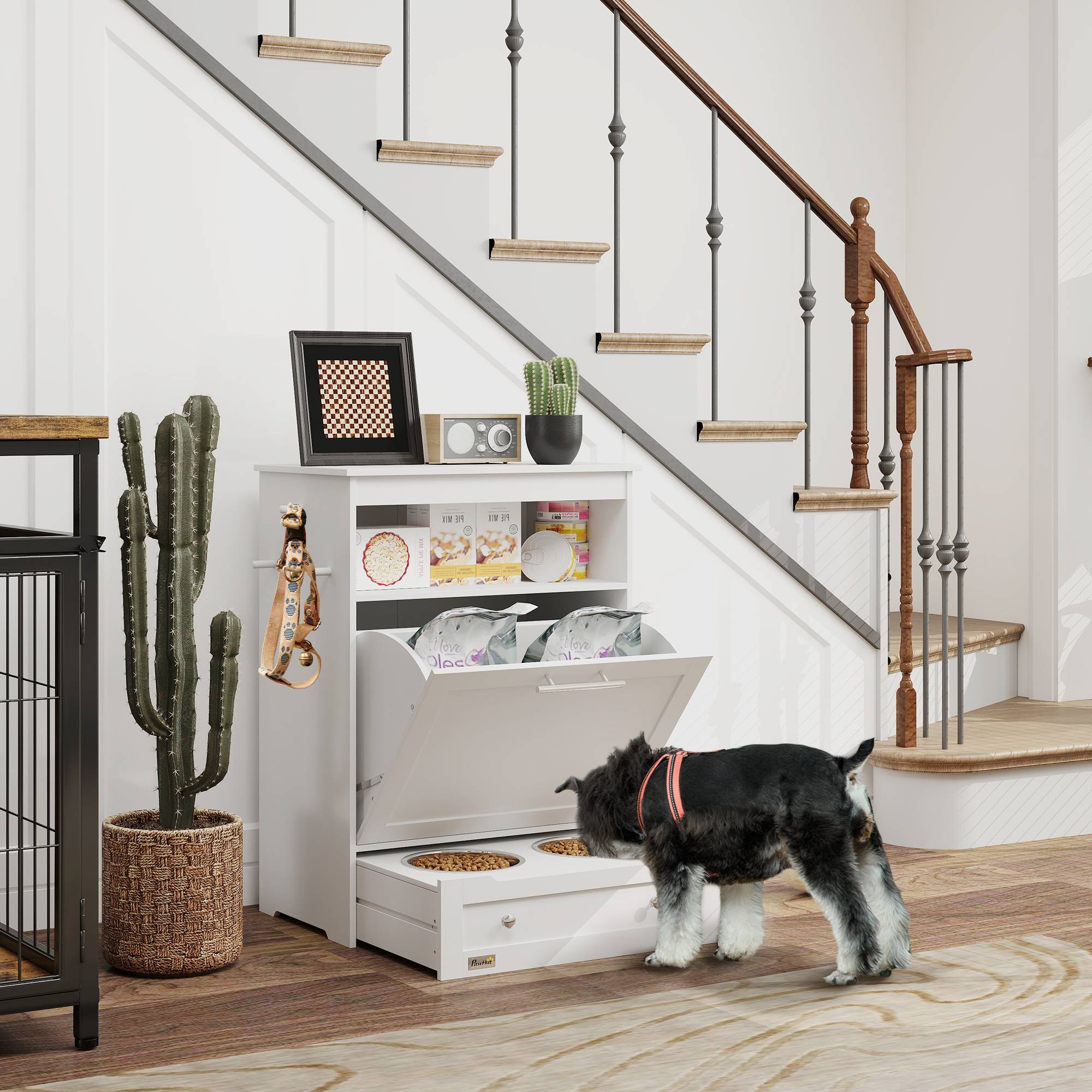 Sans Marque - Station alimentation animaux armoire rangement avec gamelles crochets laisses MDF blanc - Image 3