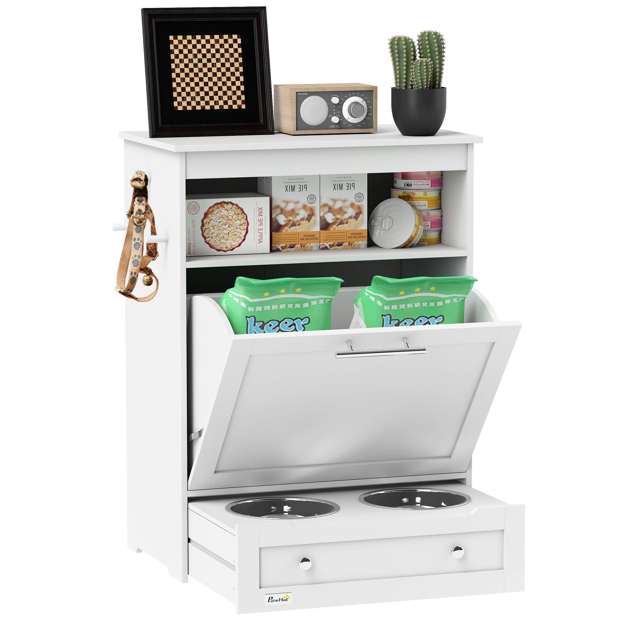 Sans Marque - Station alimentation animaux armoire rangement avec gamelles crochets laisses MDF blanc - Image 1