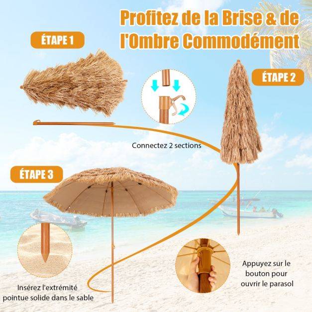 Helloshop26 - Parasol de plage en chaume PP 7 couches 243 cm de style hawaïen parasol tropical portable 8 baleines en métal bouton-pression imperméable pour cour b - Image 3