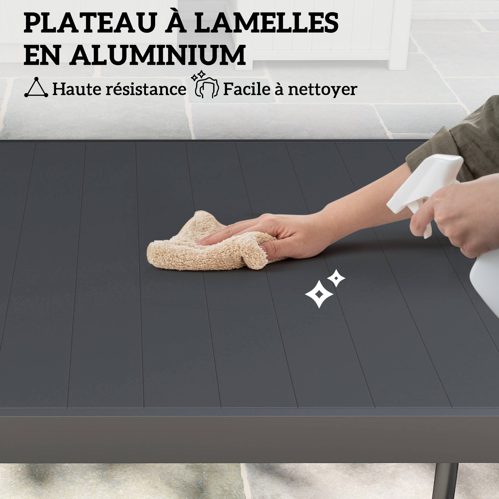 Sans Marque - Table à manger de jardin acier, table de jardin 8 personnes plateau à lattes rectangulaire 186 x 90 x 74 cm gris foncé - Image 7