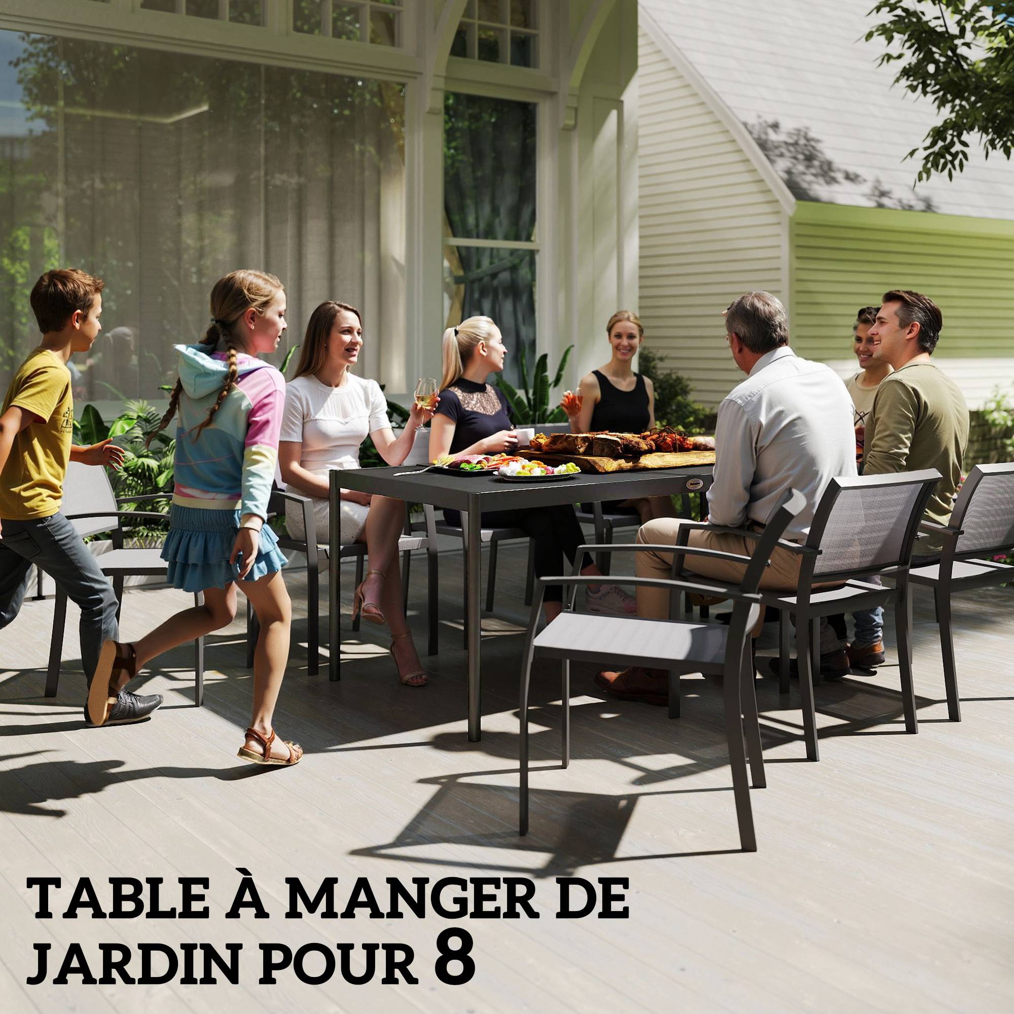 Sans Marque - Table à manger de jardin acier, table de jardin 8 personnes plateau à lattes rectangulaire 186 x 90 x 74 cm gris foncé - Image 6