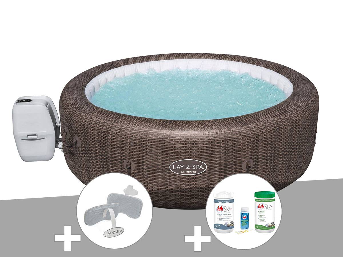 Bestway - Kit spa gonflable Bestway Lay-Z-Spa St Moritz rond Airjet 5/7 places + Kit traitement brome + 2 appuie-têtes