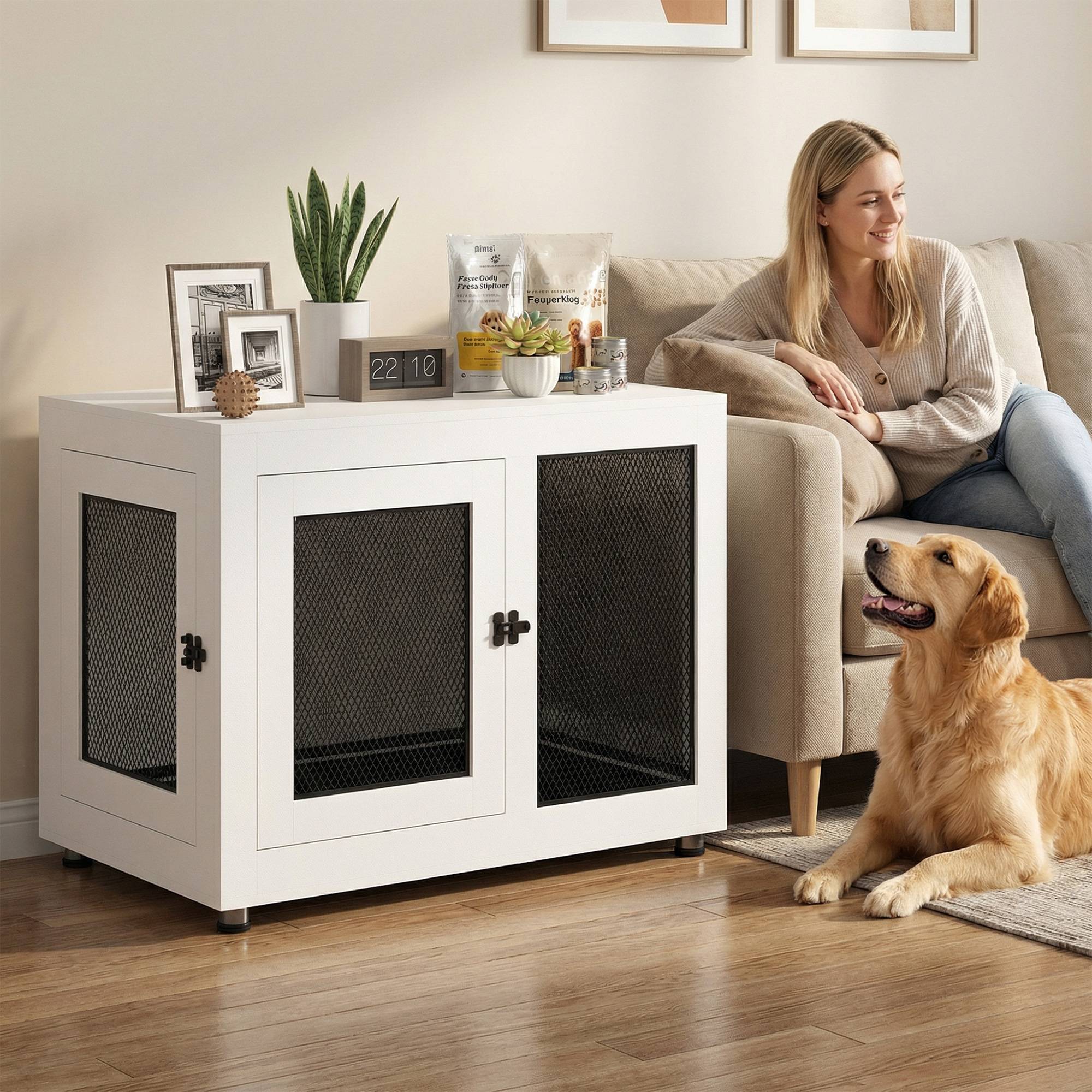 Sans Marque - Cage pour chien cage de chien sur pied avec coussin amovible acier noir et blanc - 94 x 60 x 71,5 cm - Image 3