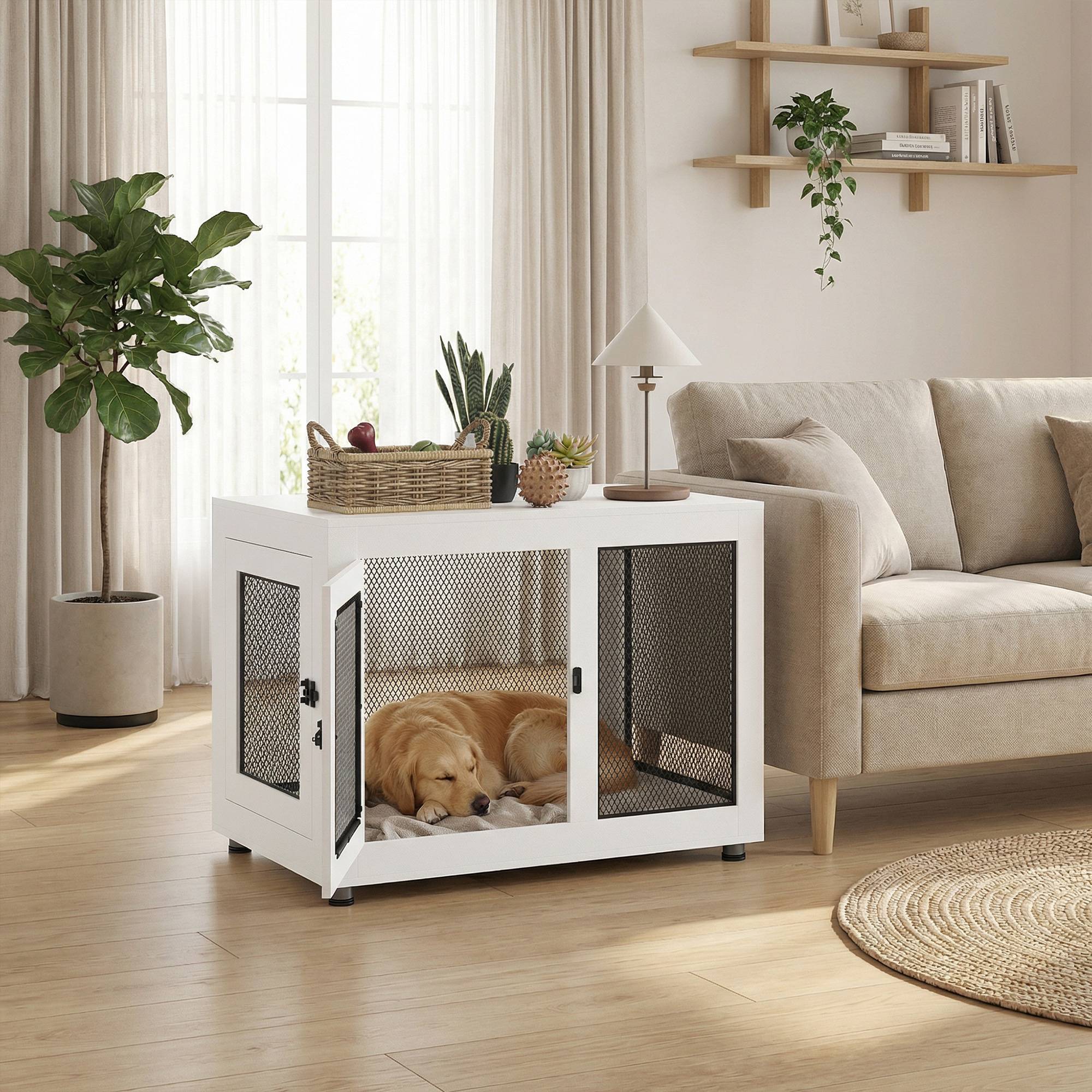 Sans Marque - Cage pour chien cage de chien sur pied avec coussin amovible acier noir et blanc - 94 x 60 x 71,5 cm - Image 4