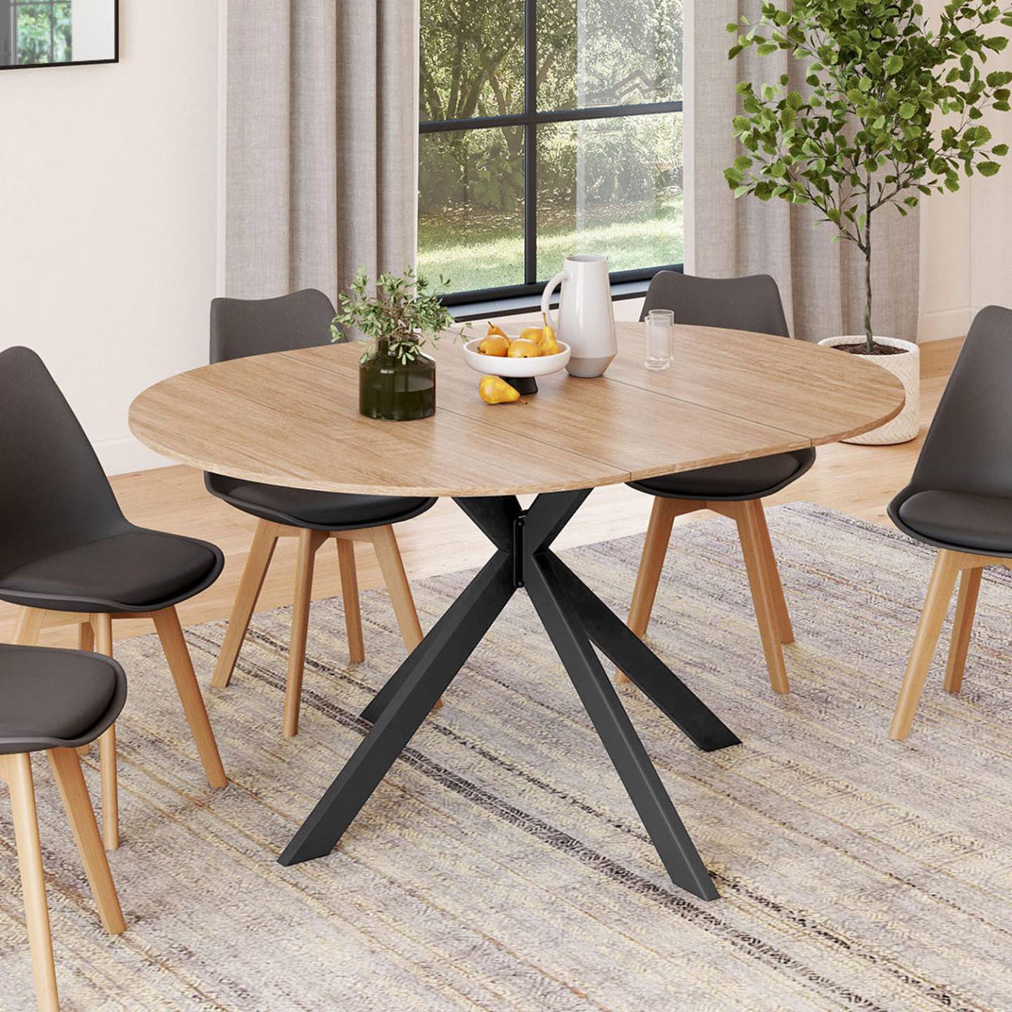Table à manger extensible ronde ALIX 4-8 personnes pied araignée bois et noir 110-150 cm - Image 1