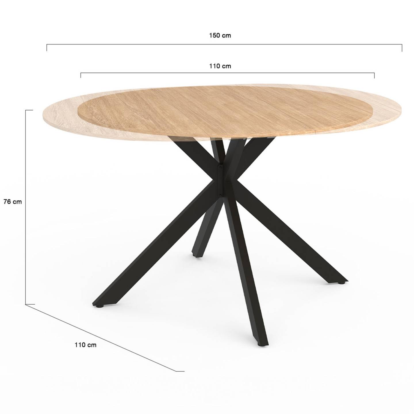 Table à manger extensible ronde ALIX 4-8 personnes pied araignée bois et noir 110-150 cm - Image 5