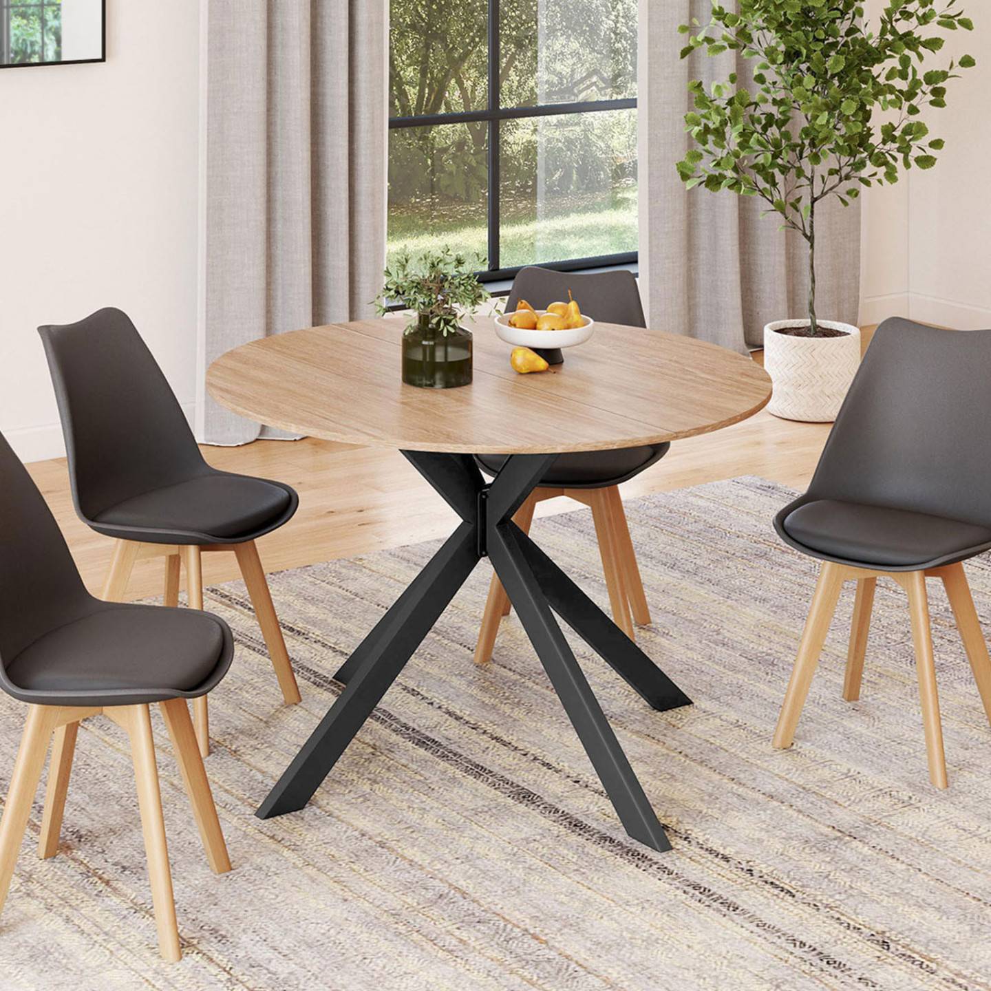 Table à manger extensible ronde ALIX 4-8 personnes pied araignée bois et noir 110-150 cm - Image 4