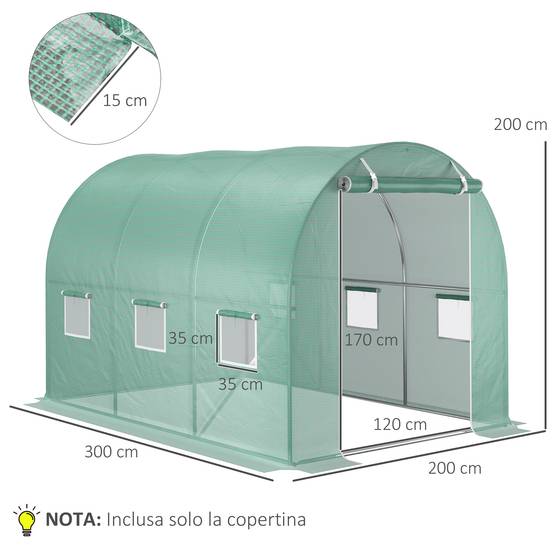 Sans Marque - Bâche de serre en polyéthylène avec 6 fenêtres, porte enroulable et bords enterrés, 3 x 2 x 2 m, verte - Image 5