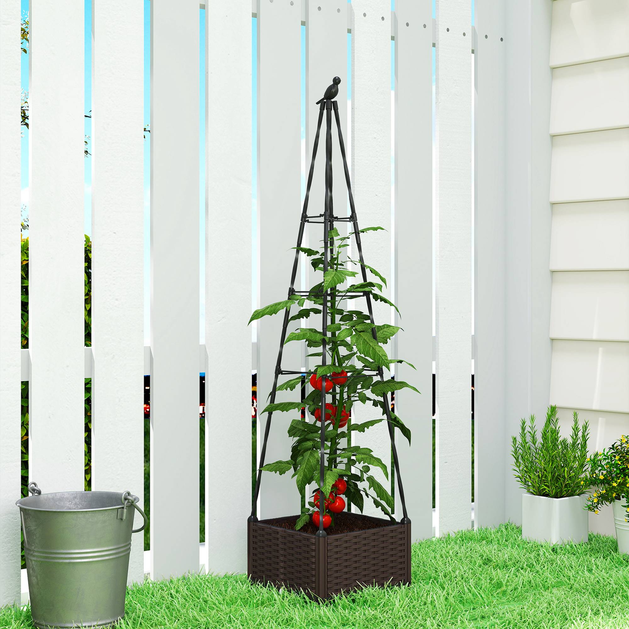 Jardinière avec treillis métallique pour plantes grimpantes, pot en PP avec trous de drainage et bouchons, 40 x 40 x 175 cm - Image 3