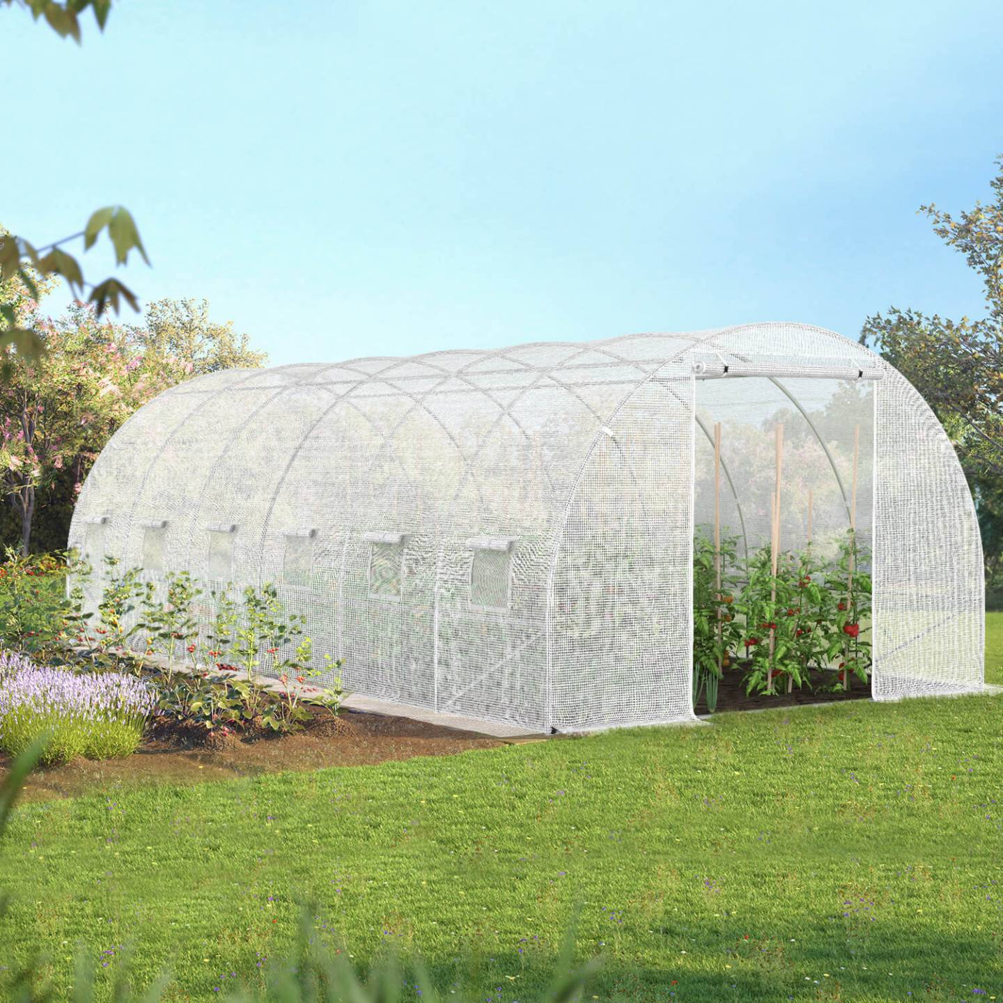 Bâche de rechange pour serre de jardin tunnel 18m² 6 x 3 x 2 m anti-UV avec porte et fenêtres CRIMÉE blanche - Image 1