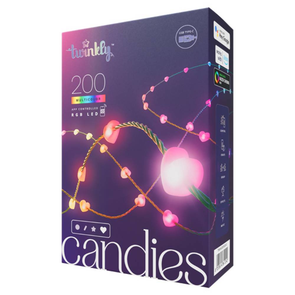 Guirlande coeur connectée IP20 12m 200 LEDS RGB fil vert TWINKLY CANDIES - Image 1