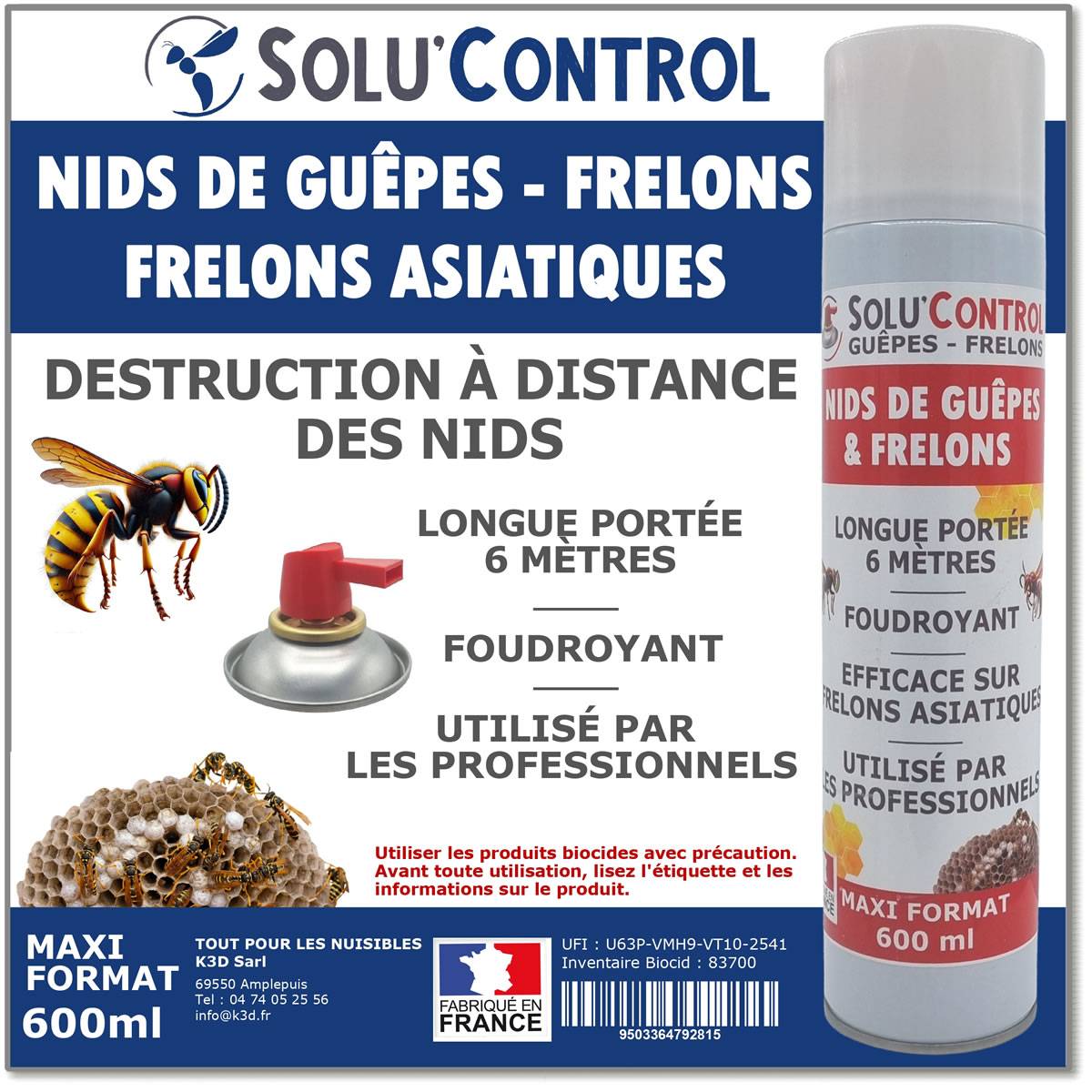 Bombe Guêpes, Frelons, Frelons Asiatiques - Maxi Format - 600ml - Destruction des nids - Longue portée 6m