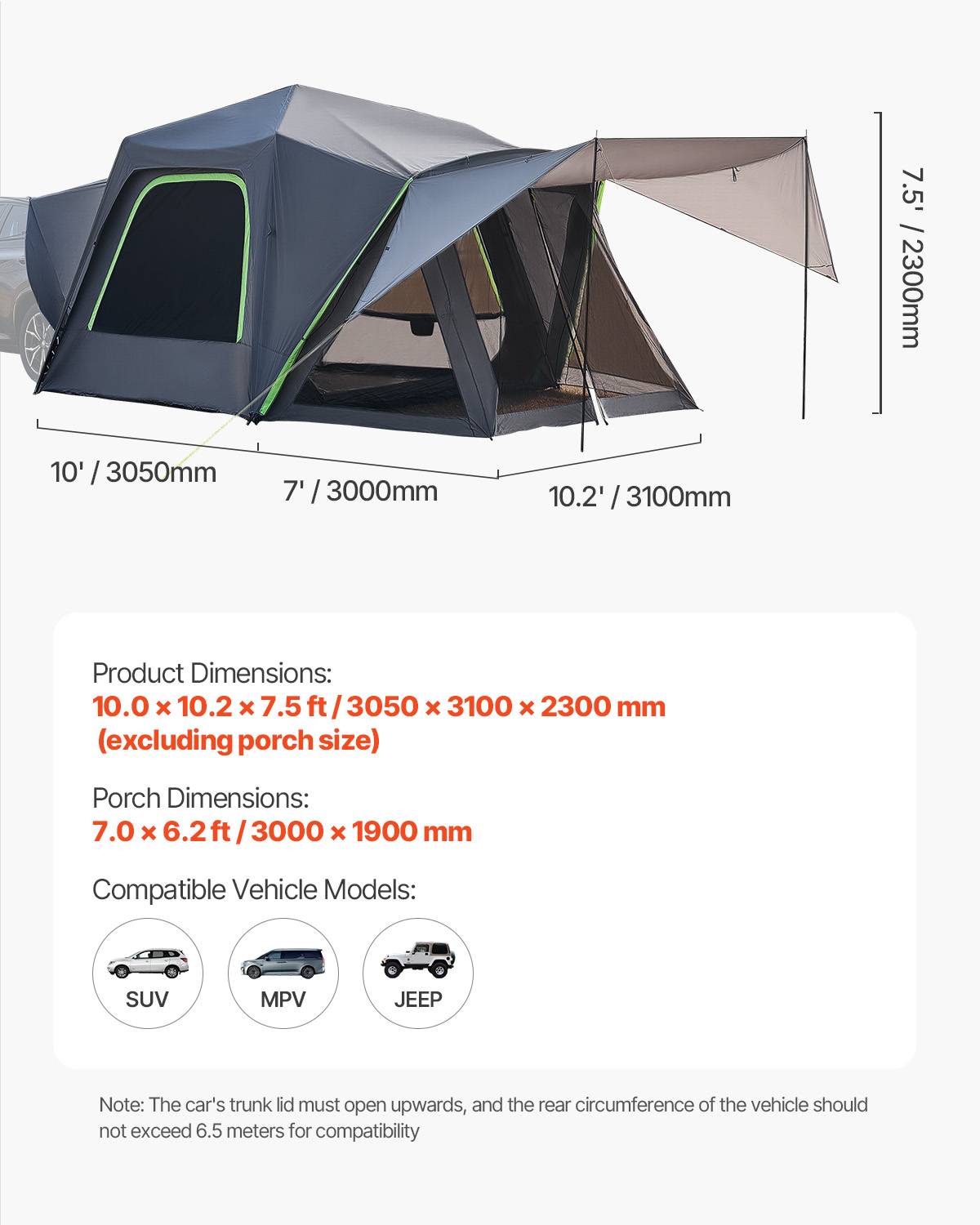 VEVOR Tente hayon SUV 305x310 cm, imperméable, double couche, 5-8 pers. Auvent ombrage. - Image 7