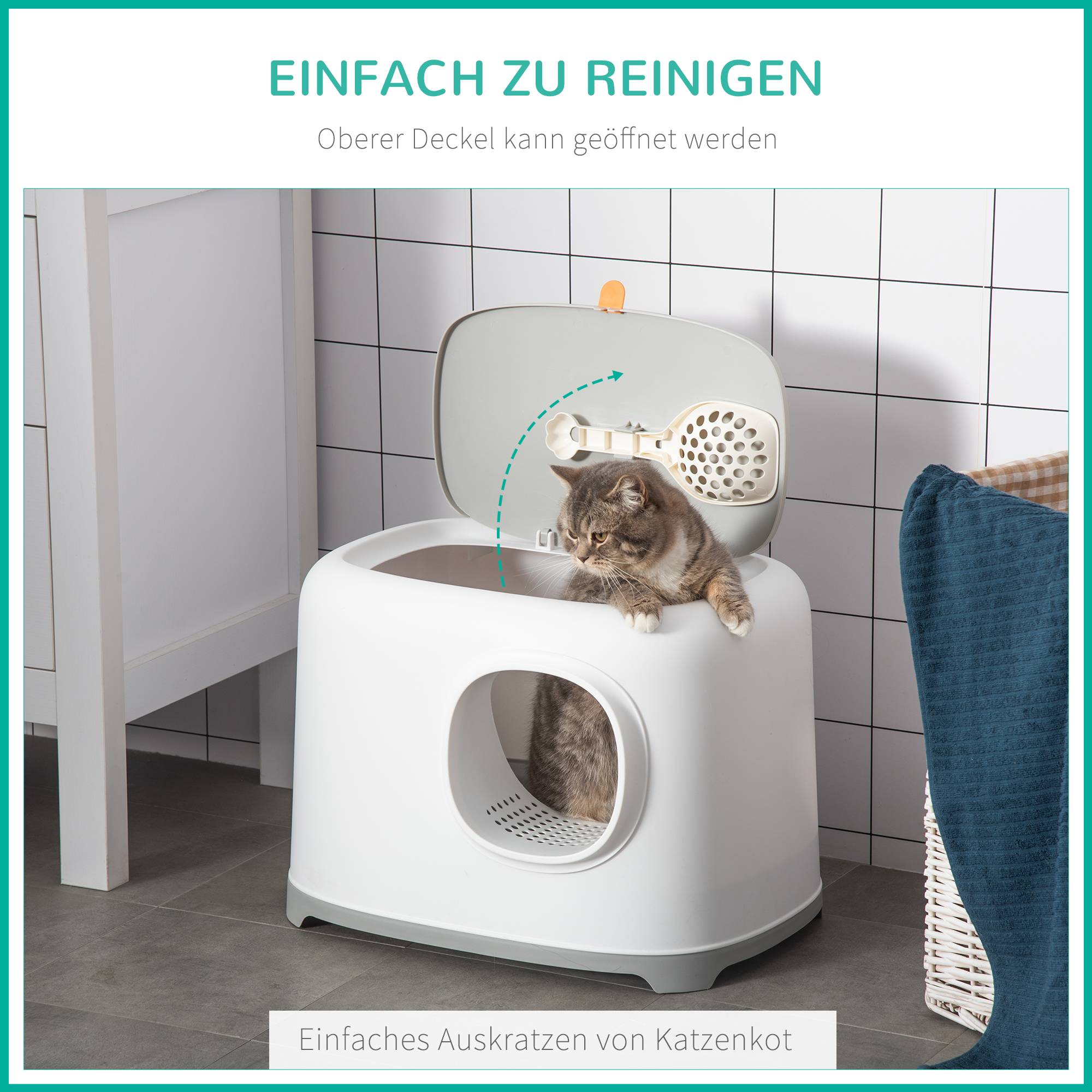 Sans Marque - Litière avec couvercle, hausse, pelle, grille, XXL pour chat -5kg, 55x40x39cm, Blanc - Image 8