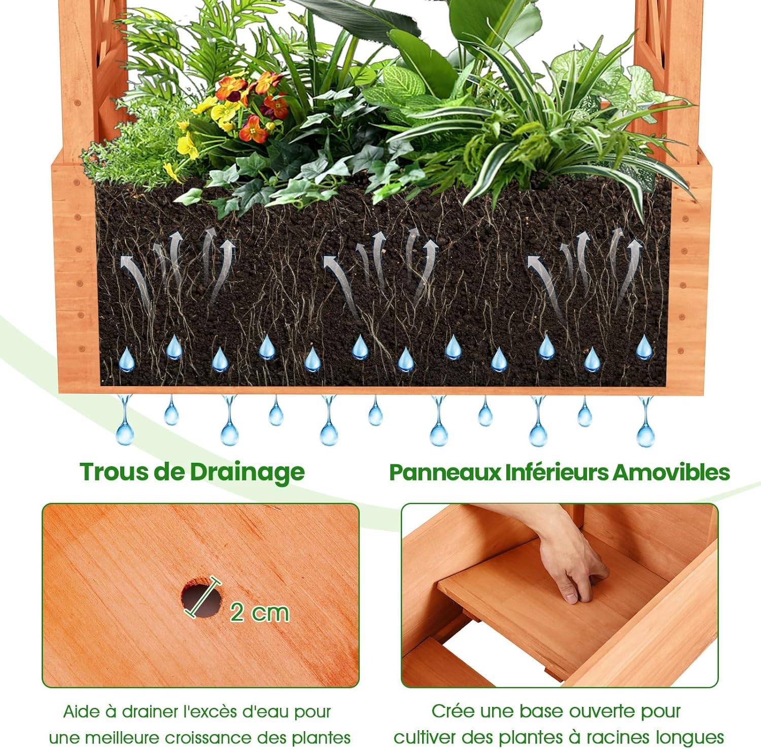 Jardinière Surélevée Avec 2 Treillis Et Étagère - Bac à Fleurs Bois Pour Plantes Grimpantes Et Légumes