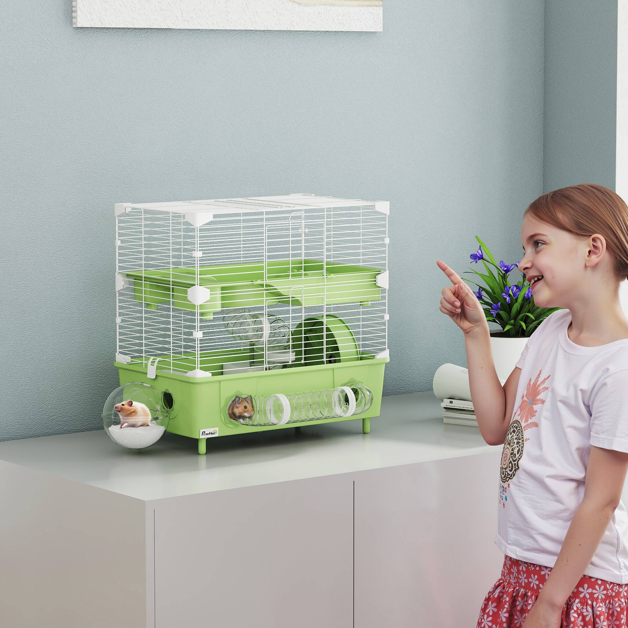 Cage hamster acier pour rongeurs nains 2 niveaux accessoires 44x28x44cm vert - ComfortXL Outdoor Living - Image 3