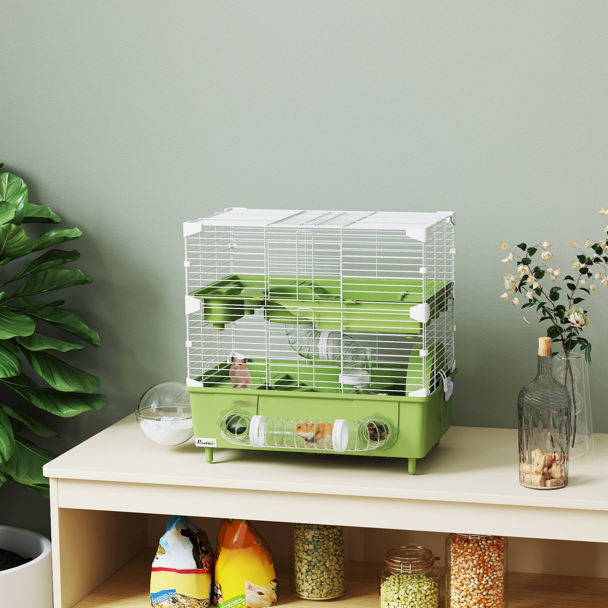 Cage hamster acier pour rongeurs nains 2 niveaux accessoires 44x28x44cm vert - ComfortXL Outdoor Living - Image 4