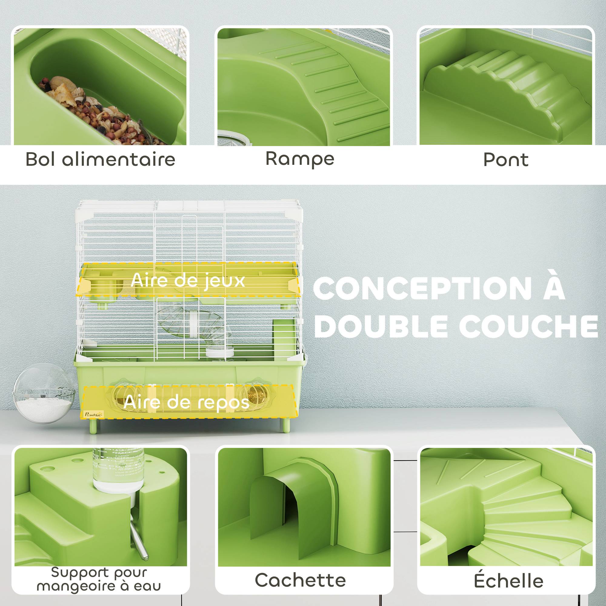 Cage hamster acier pour rongeurs nains 2 niveaux accessoires 44x28x44cm vert - ComfortXL Outdoor Living - Image 6