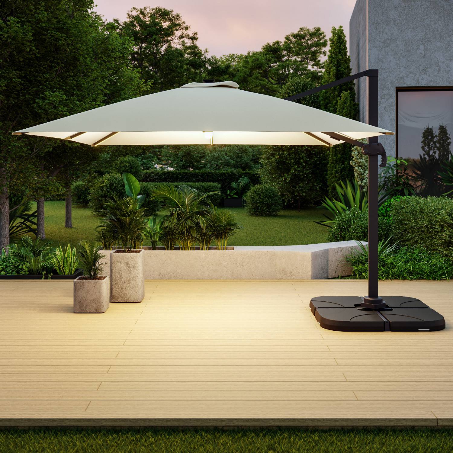 Autre - Parasol déporté LED 3x4m rectangle en aluminium + housse - rotatif 360° - Beige - ROME - Image 2