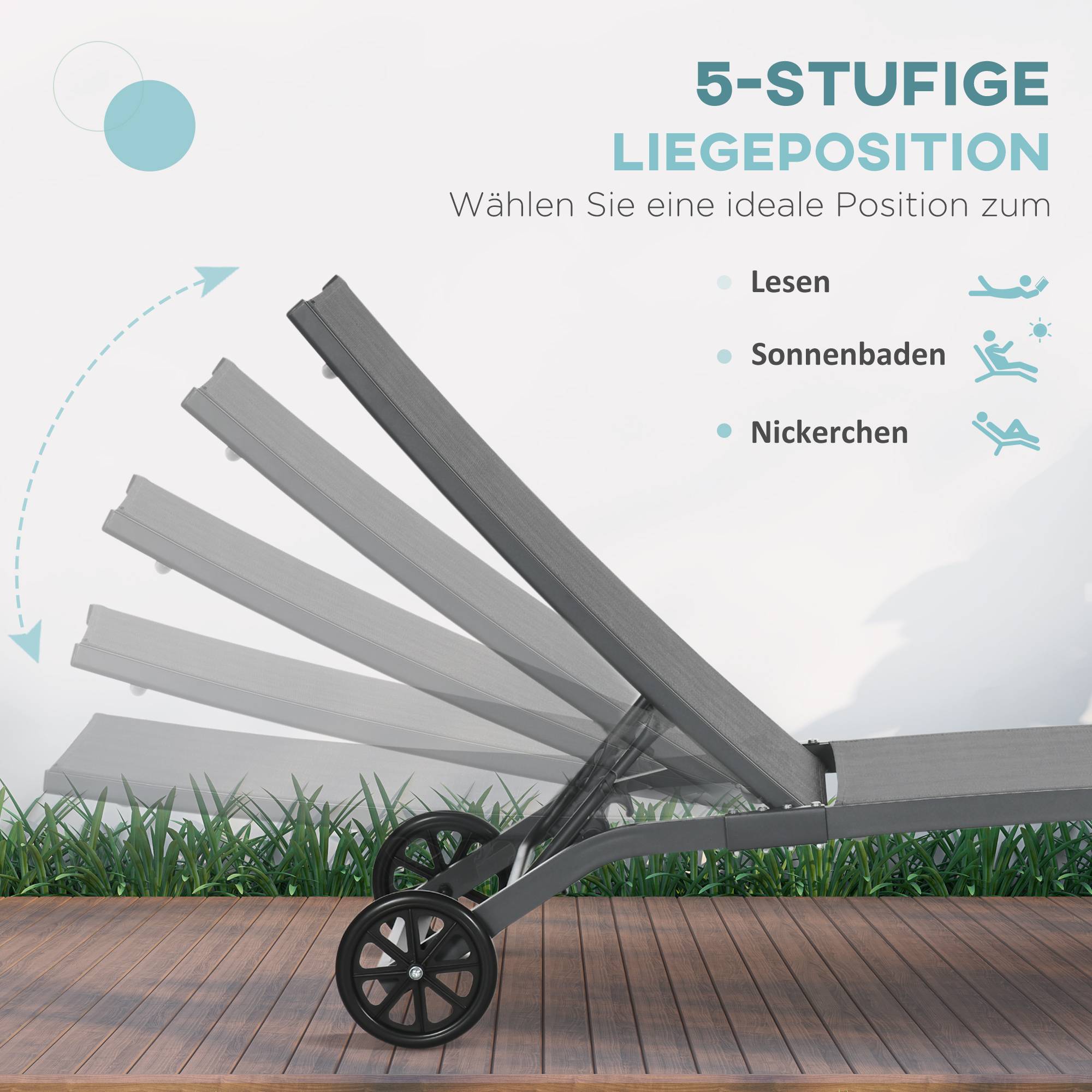 Chaise longue, dossier réglable 5 positions, tissu respirant, structure en aluminium, bleue, 195 x 66 x 34 cm - Image 6